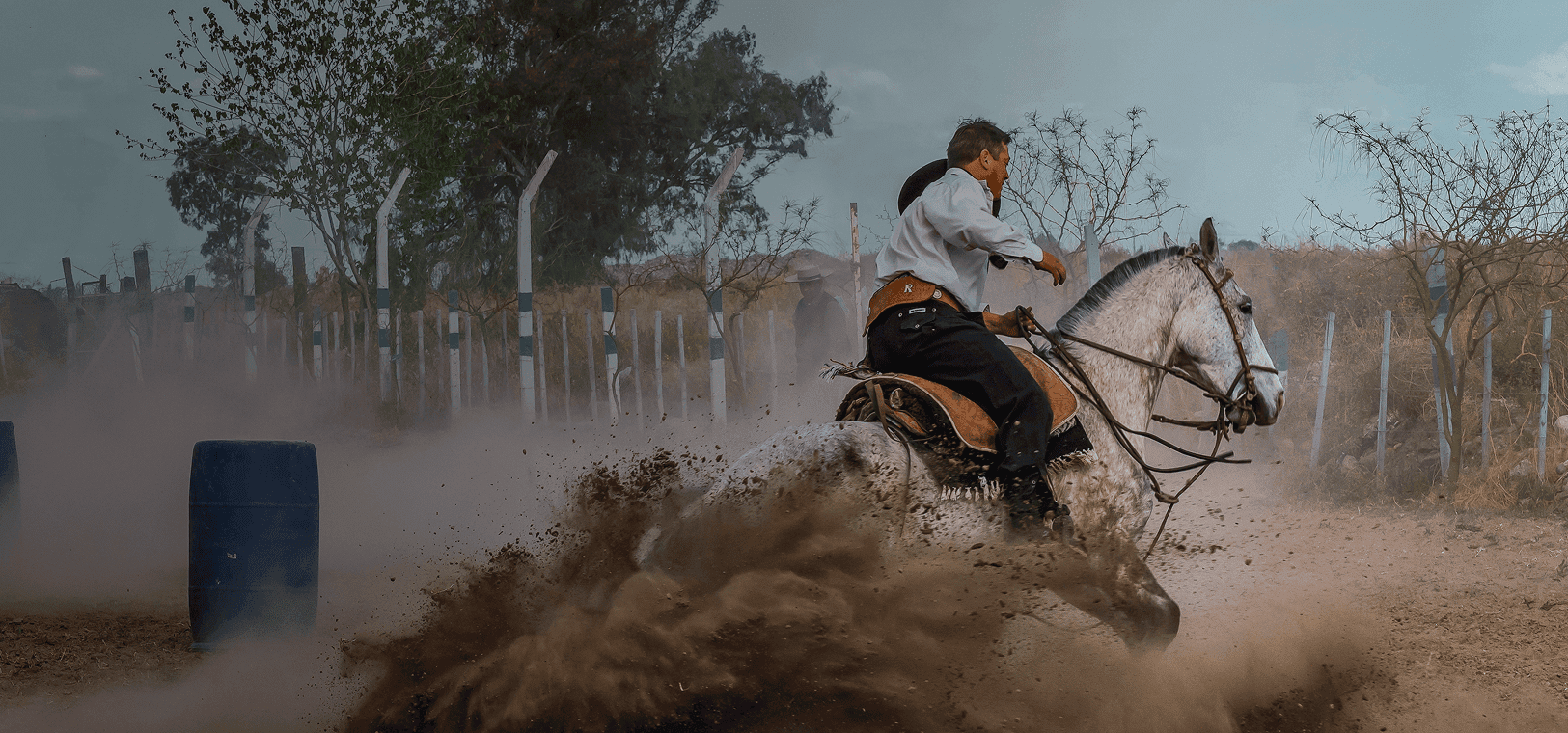 Horseback rider in traditional gaucho attire kicks up dust as he makes a turn. Overlaid is the Spanish word "gaucho" with its English translation, "skilled horseman".