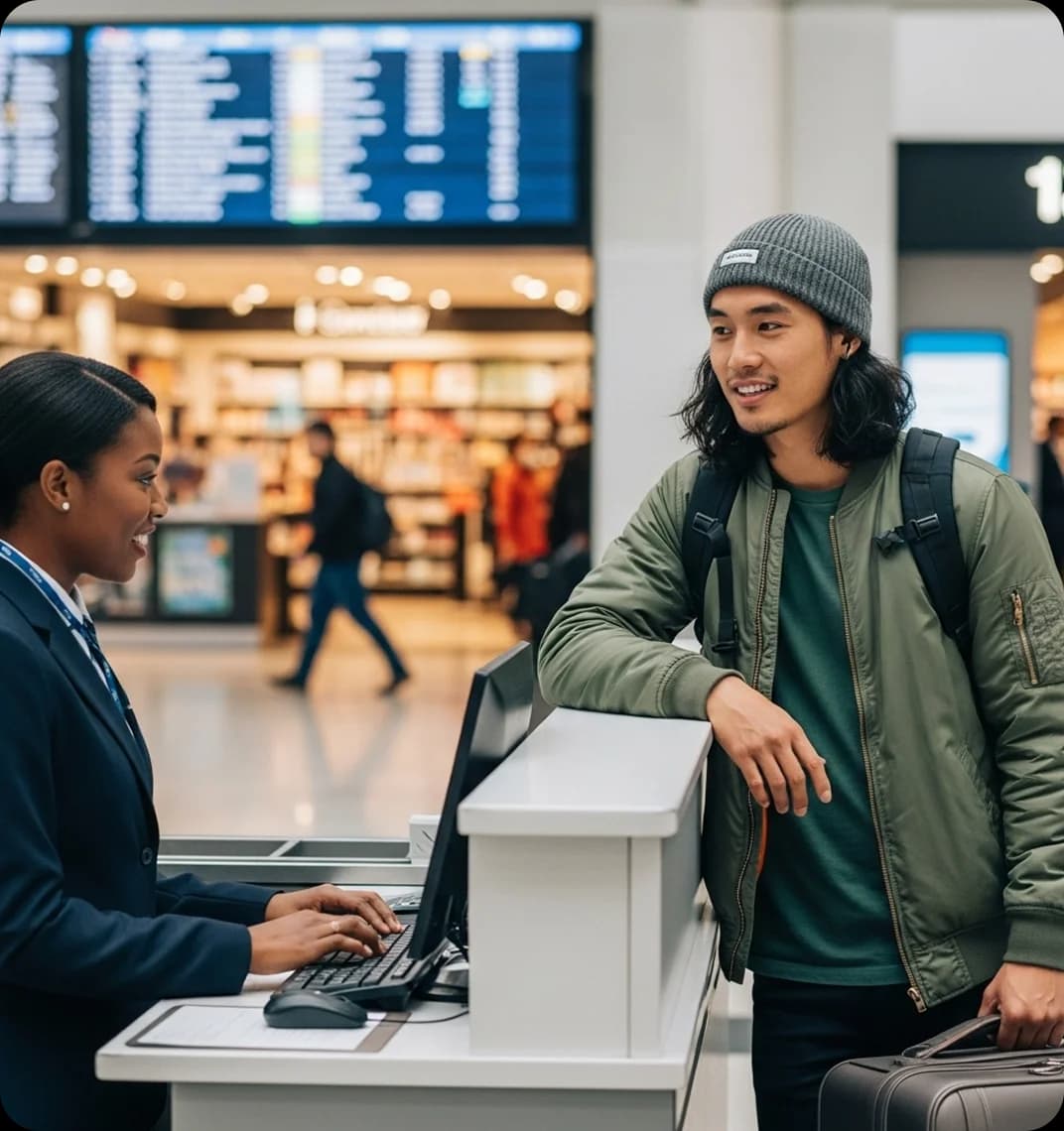 A traveler using English at an airport.