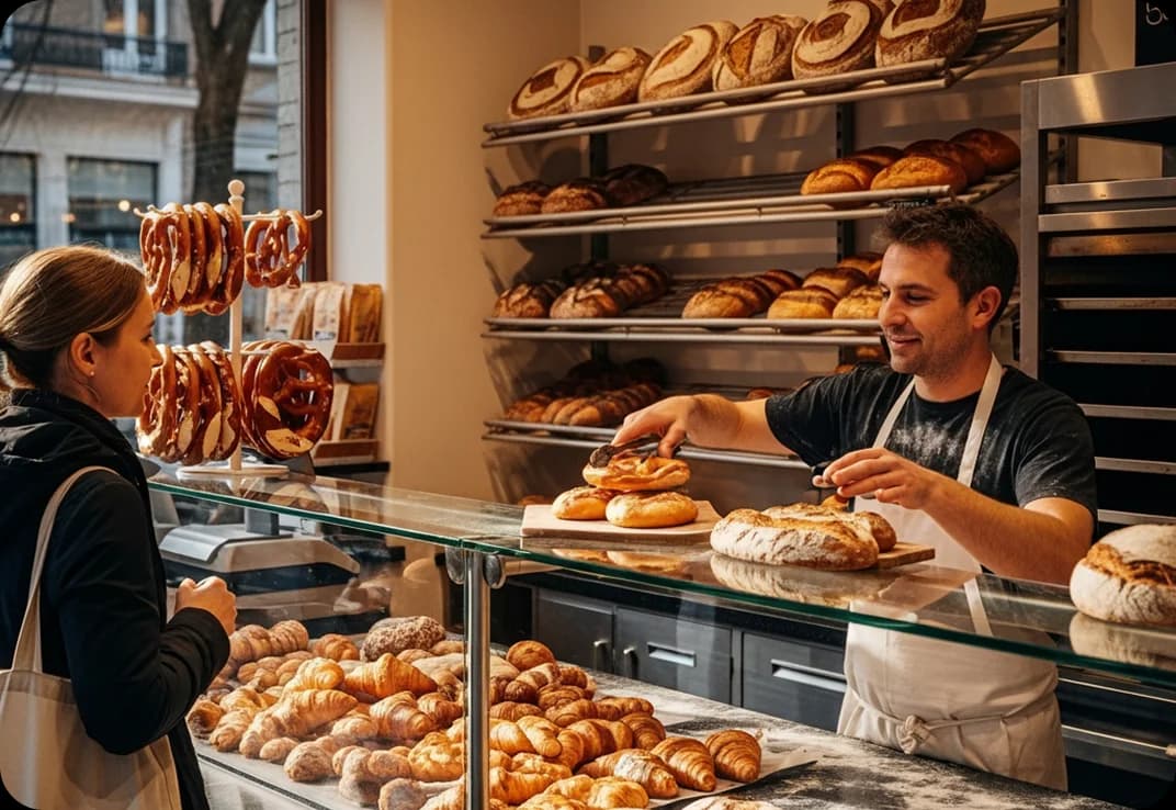 A woman ordering bread at a Berlin bakery.