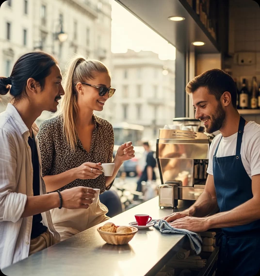 A young couple orders espresso and baked goods from a barista at an Italian café.