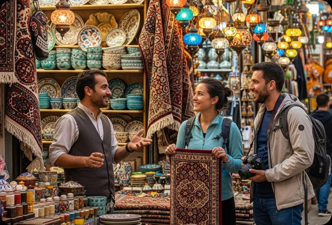 Two travelers speaking in Persian with a shop owner at a traditional bazaar in Tehran.