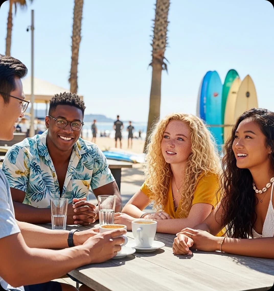 Friends relaxing at a sunny outdoor café near the beach in Sydney.