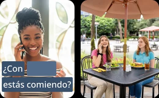 Rosetta Stone app screens showing bite-sized lesson activities covering speaking, reading, listening, and writing, with a Spanish phrase '¿Con estás comiendo?' displayed.