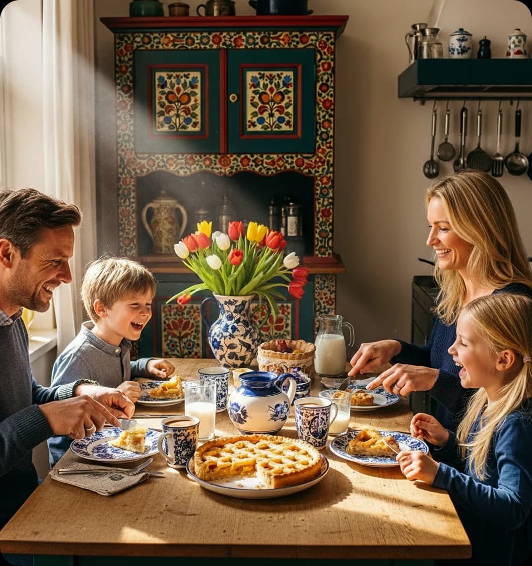 A Dutch family gathered around a breakfast table in a bright kitchen with tulips, speaking Dutch while sharing Dutch apple pie.