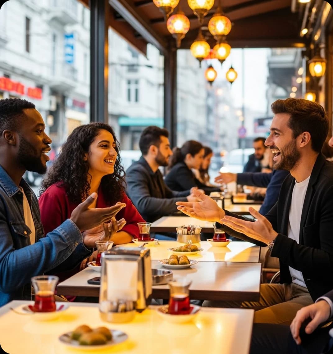 Friends share baklava and Turkish tea at a café terrace in Istanbul while speaking Turkish and laughing together.