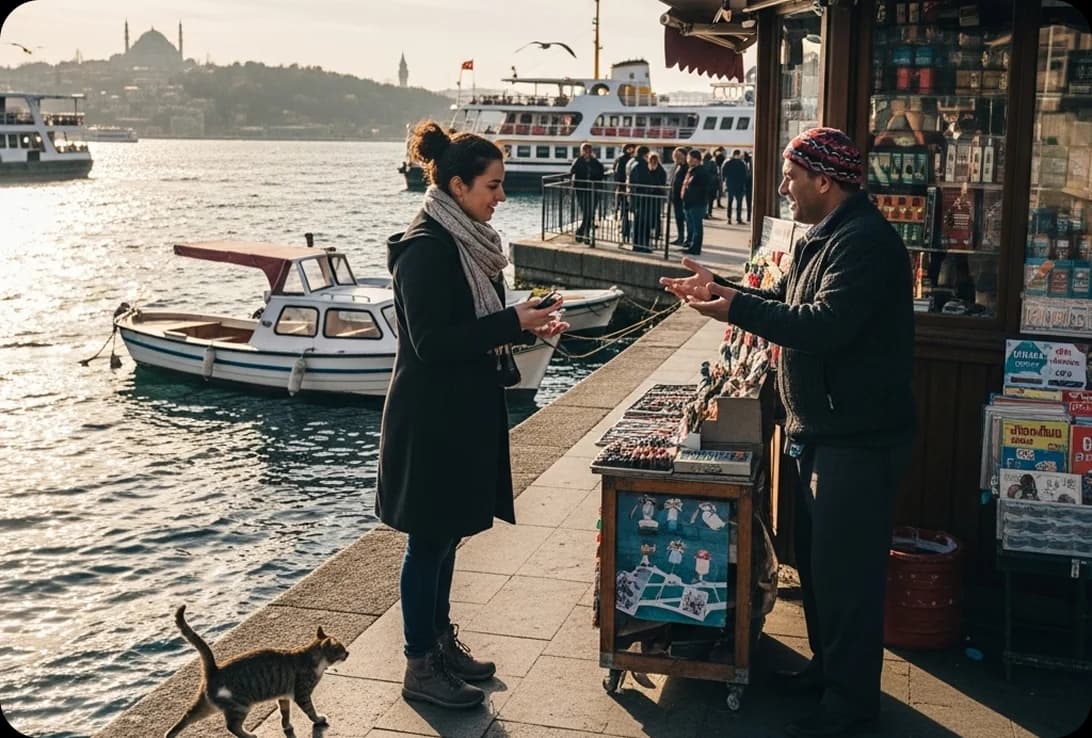 A traveler asking for directions in Turkish from a local shopkeeper by the Bosphorus Strait in Istanbul.