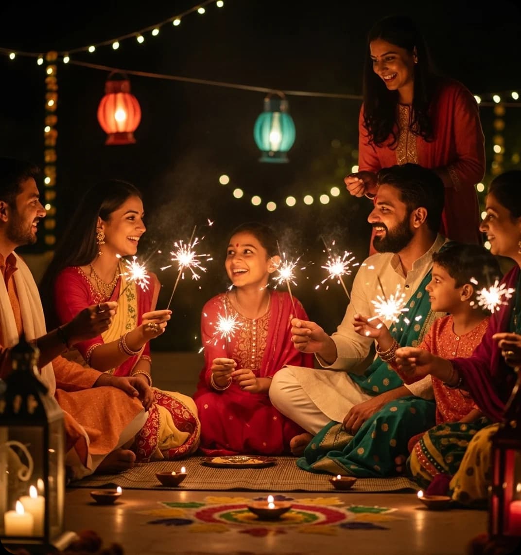 An Indian family celebrates Diwali by holding sparklers with lights hung and a rangoli painted near them.
