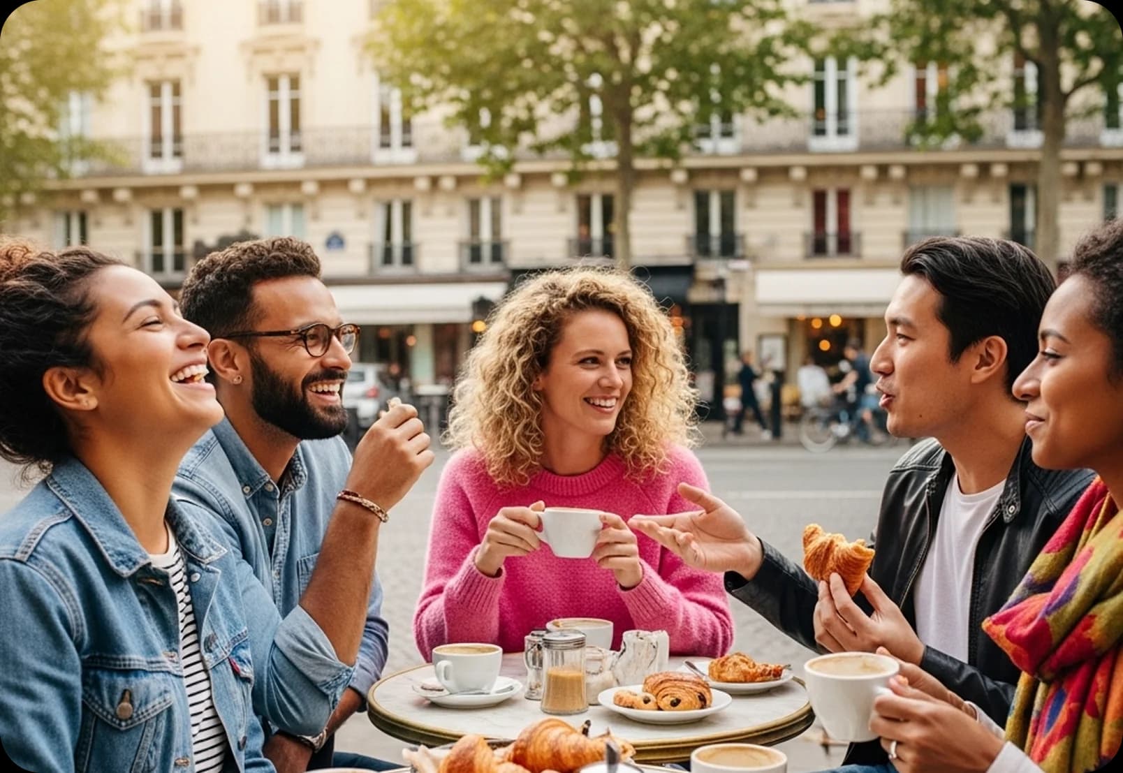 A group of friends practising French in a café.