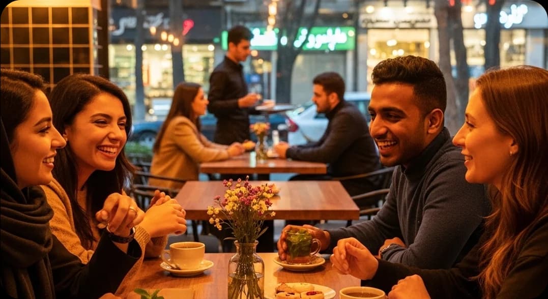 A group of friends sitting together at a warmly lit café in Tehran, speaking in Persian and laughing as they share stories.
