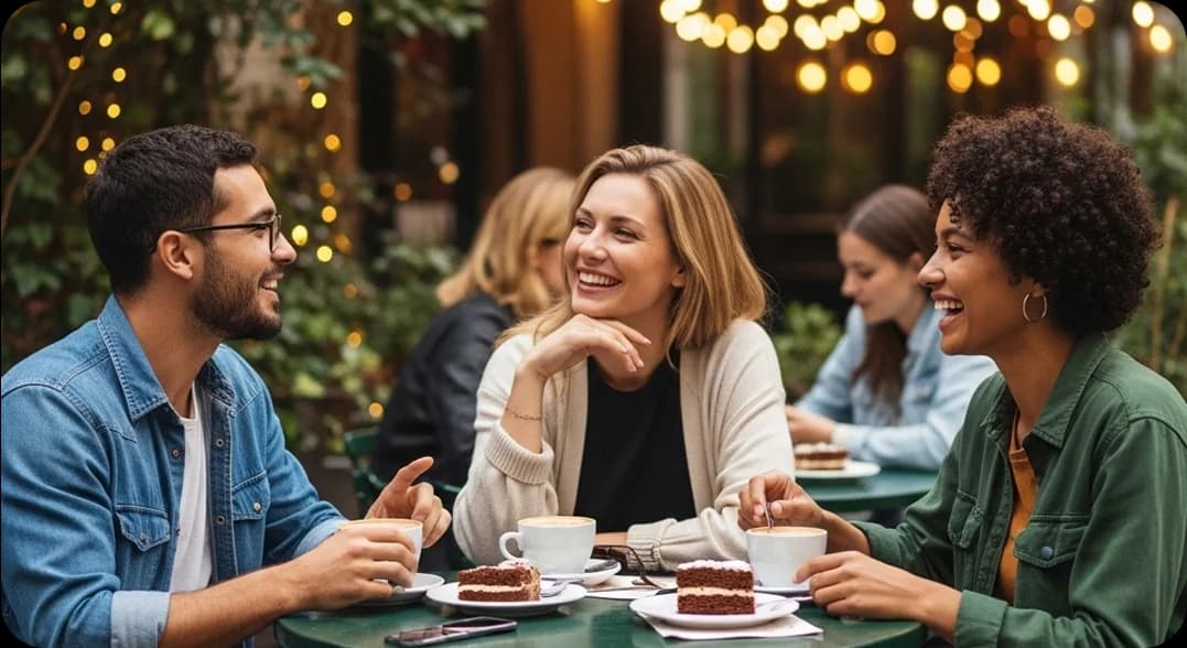 Three diverse friends sitting at a café terrace in Warsaw, speaking in Polish and laughing together.