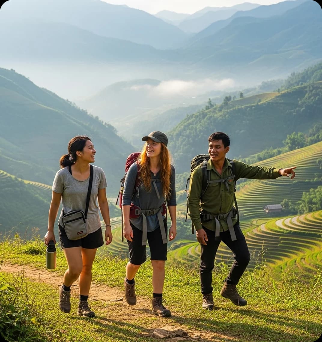 Two female friends walking through the mountains of northern Vietnam with a Vietnamese male tour guide.