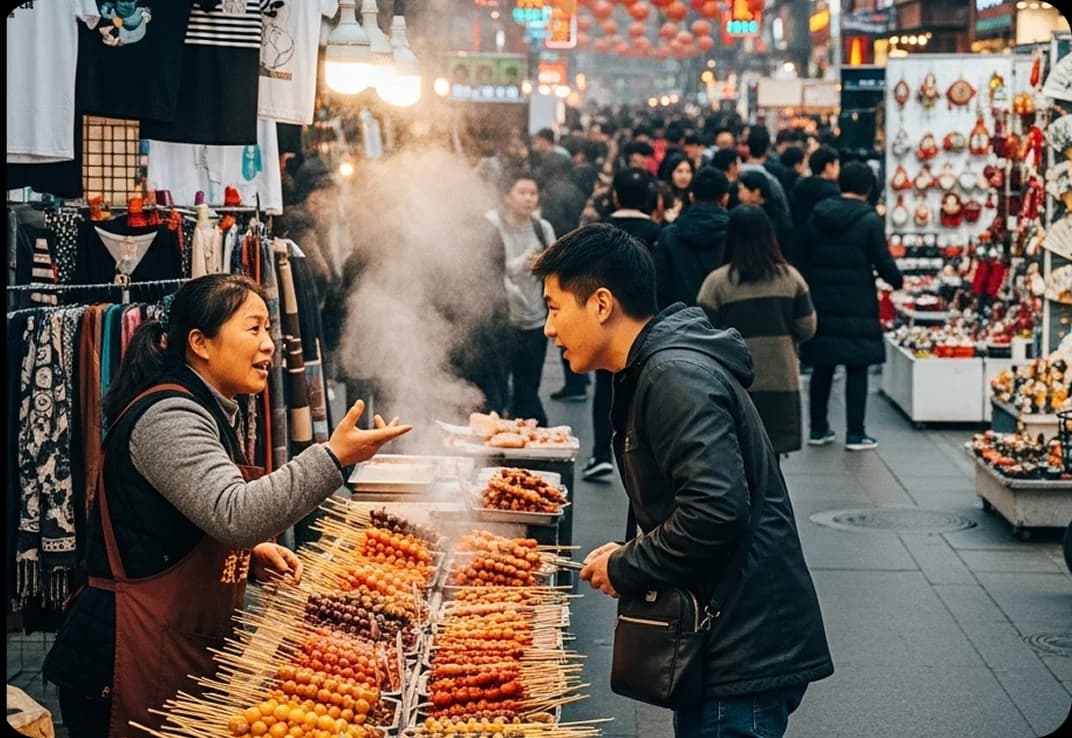 A multigenerational family gathered around a steaming hotpot at home, speaking Mandarin as they cook, serve, and share ingredients.