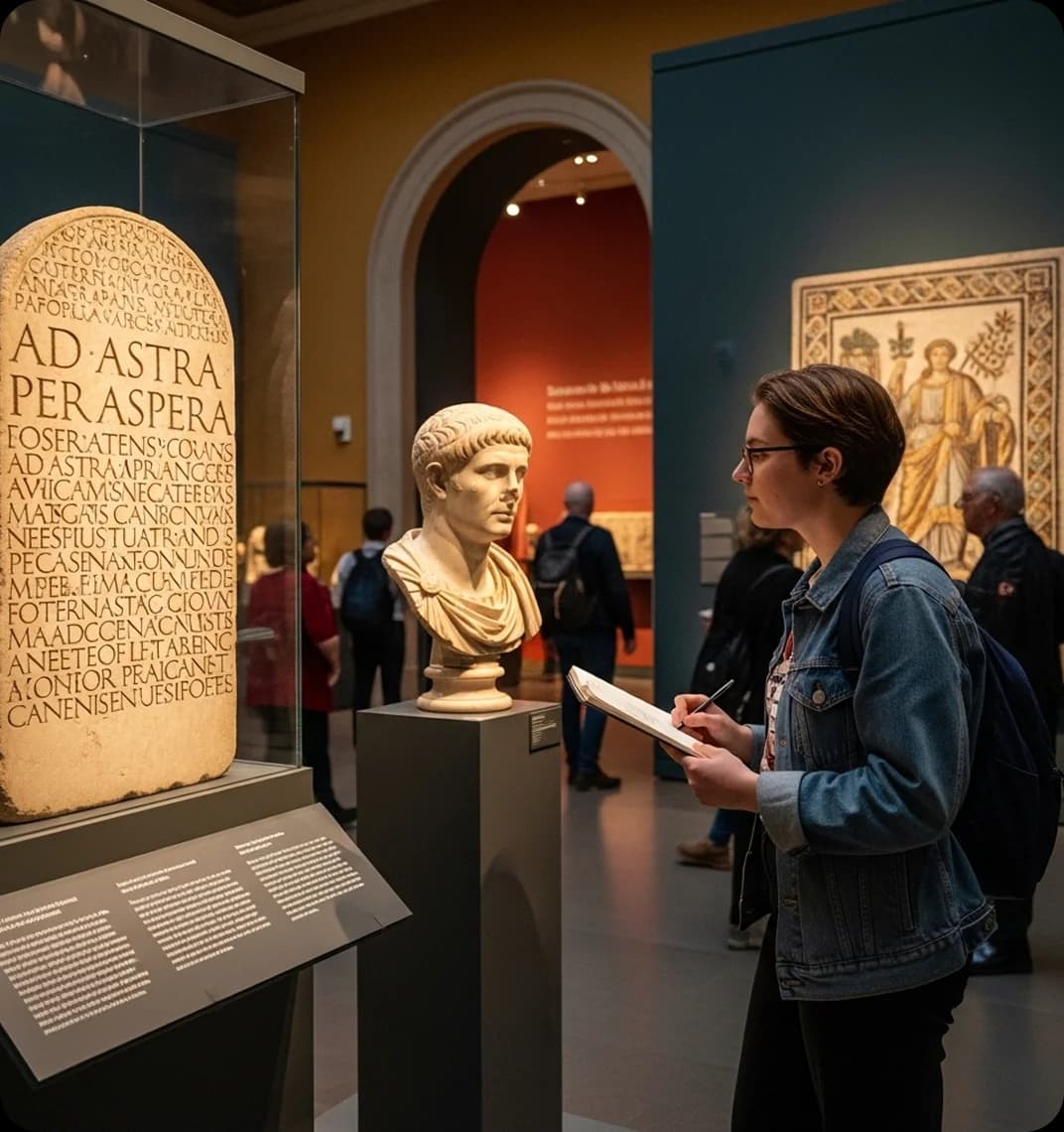 A visitor to a museum inspects a Latin transcription on a stone tablet.