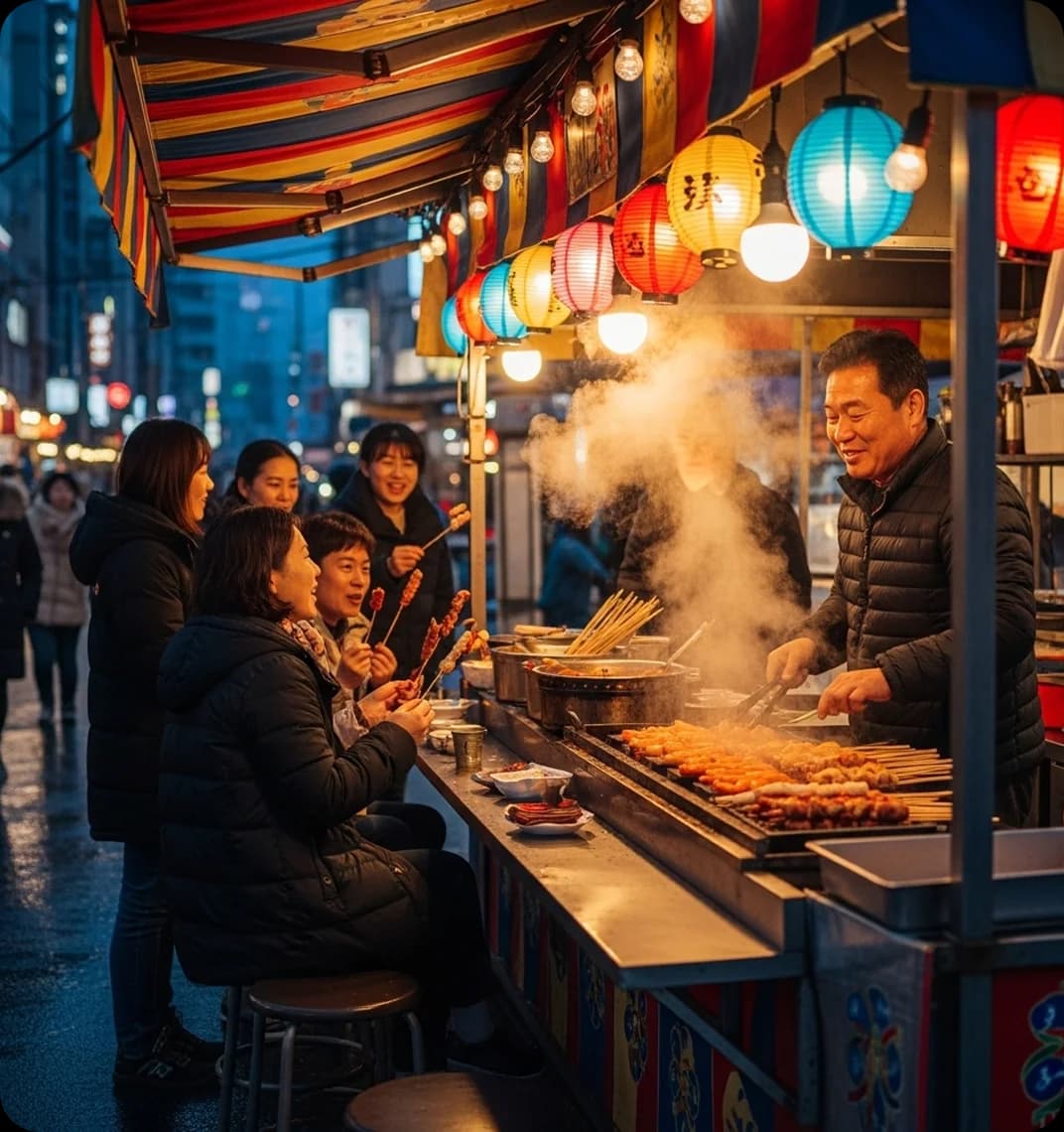 Locals eating tteokbokki and skewers at a Korean street food stall in Seoul.
