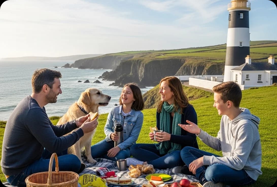 A family with a dog having a picnic at Wexford’s Hook Head Lighthouse.