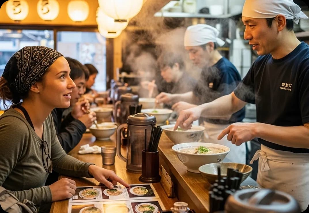A traveler at a ramen counter in Tokyo.