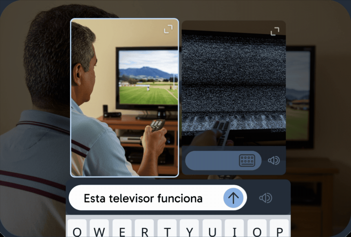 A reading and writing exercise showing a person watching TV, with a text input field and on-screen keyboard below, prompting the learner to type a word or phrase in their target language.