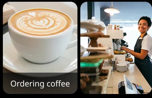 Two images side by side: a latte art coffee cup and a barista at a counter, representing a real-life 'ordering coffee' speaking practice scenario in Rosetta Stone.