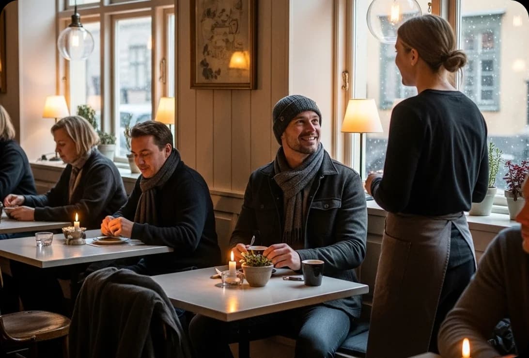 A traveler speaking Swedish with a barista at a cozy café in Stockholm’s old town (Gamla Stan).