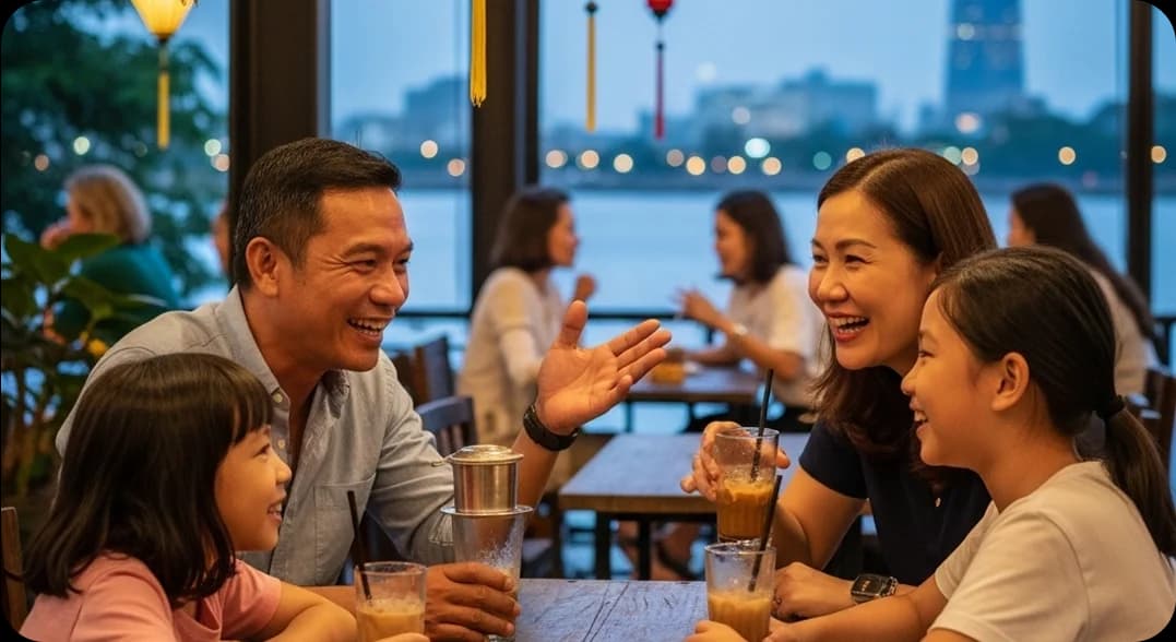 A family sitting together at a riverside café in Ho Chi Minh City, speaking Vietnamese and laughing over coffee and pastries.