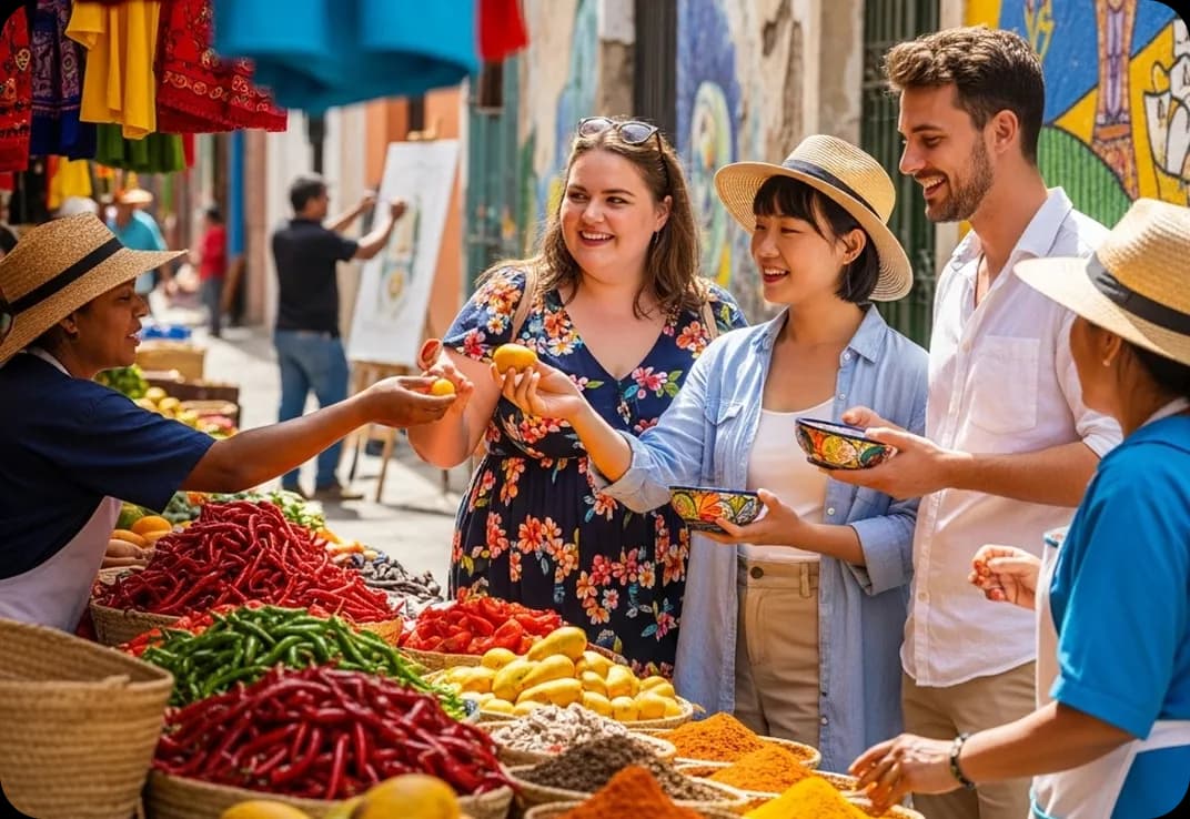 Friends practising Spanish at a local market.