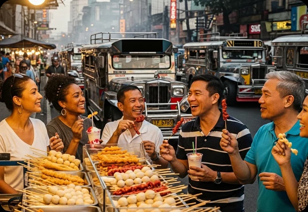 A friend group converses in Tagalog while eating from a street stall in Metro Manila.