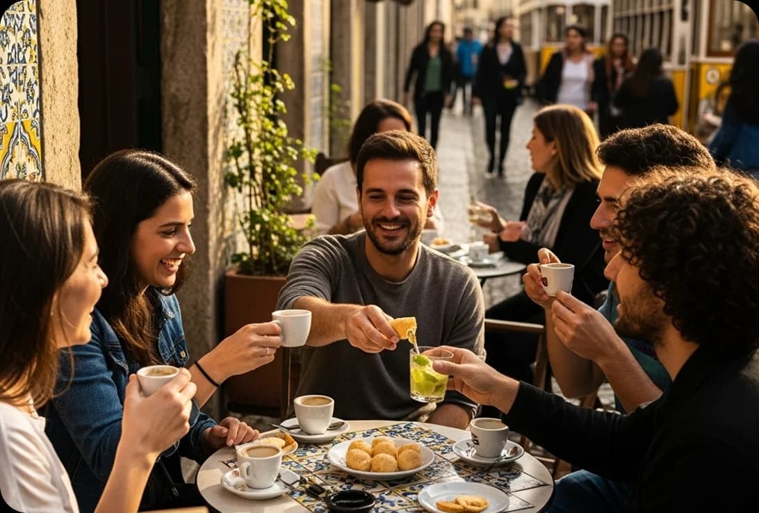 Friends sitting at a lively street café, chatting in Portuguese while enjoying coffee, caipirinhas, and snacks.