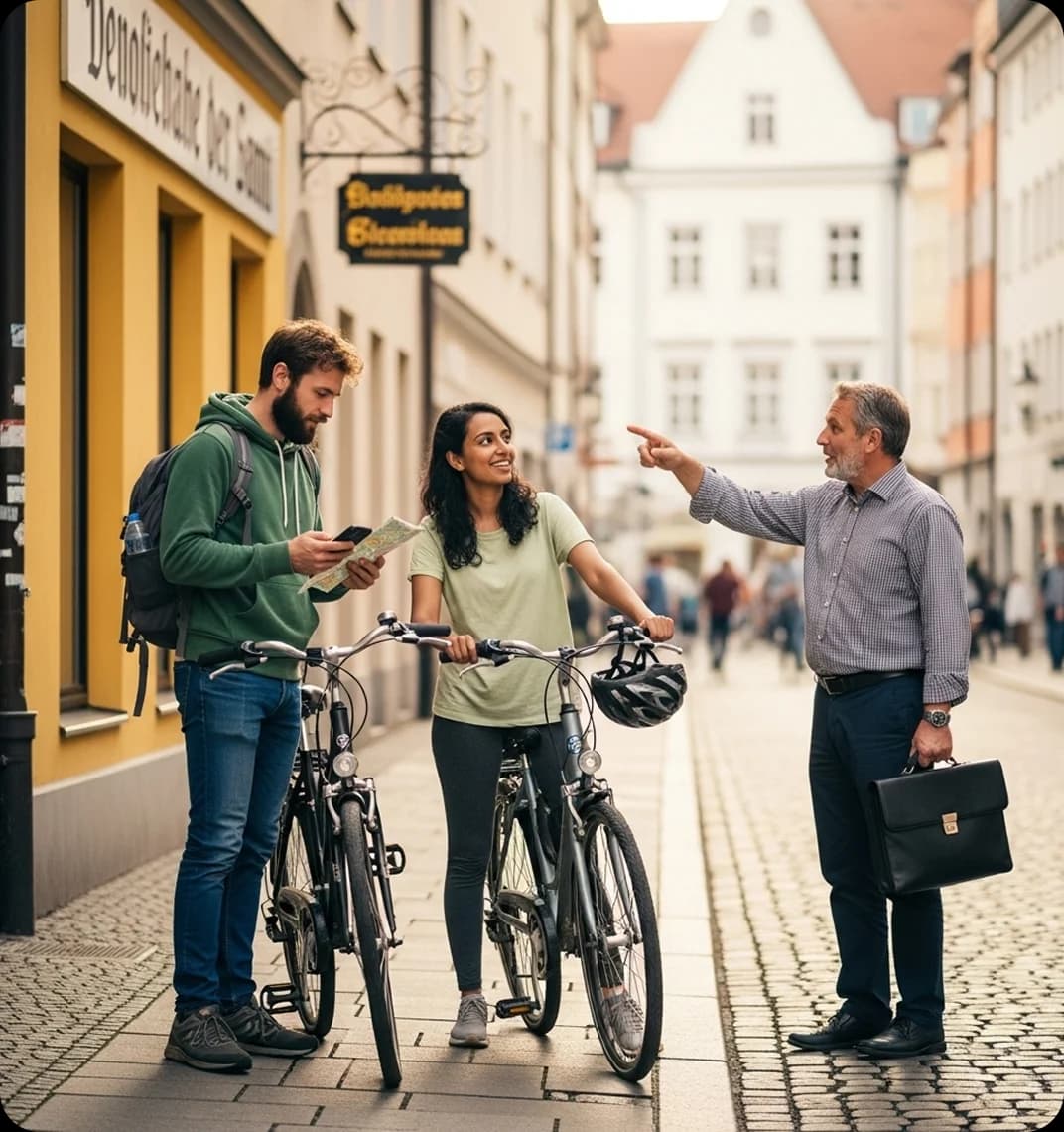 Two travelers asking for directions in German on an old Munich street.