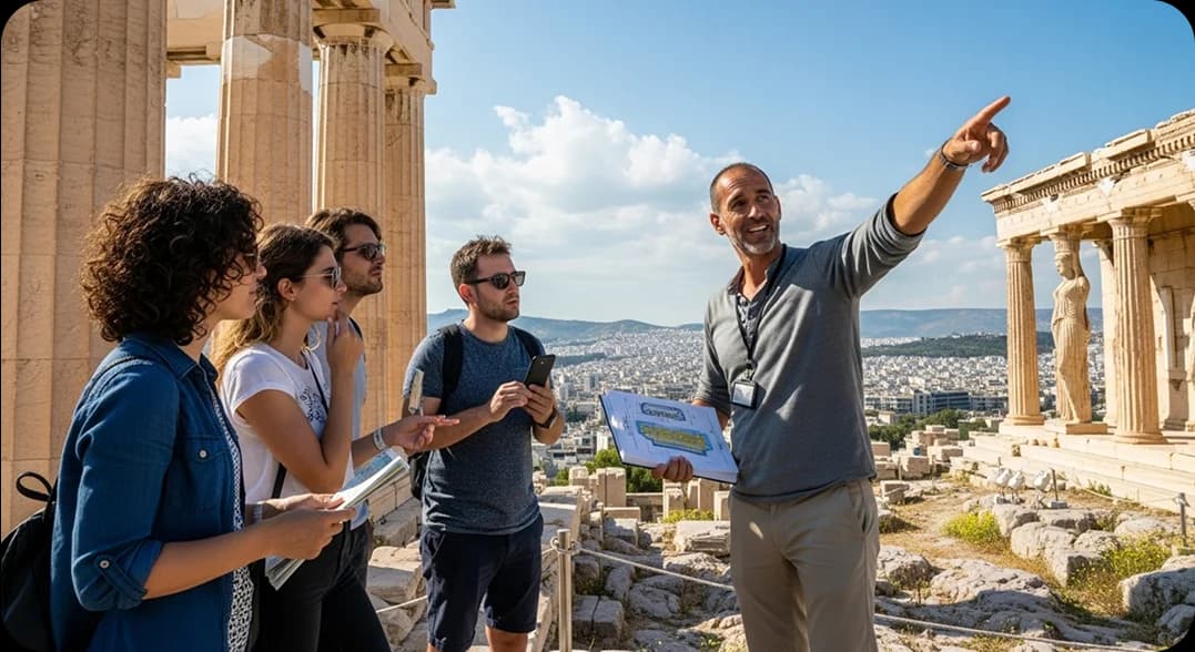 A tour guide at the Acropolis in Athens explains Greek history to a tour group.